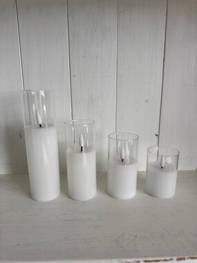 White LED Battery Pillar Candle Set with Clear Glass Shades